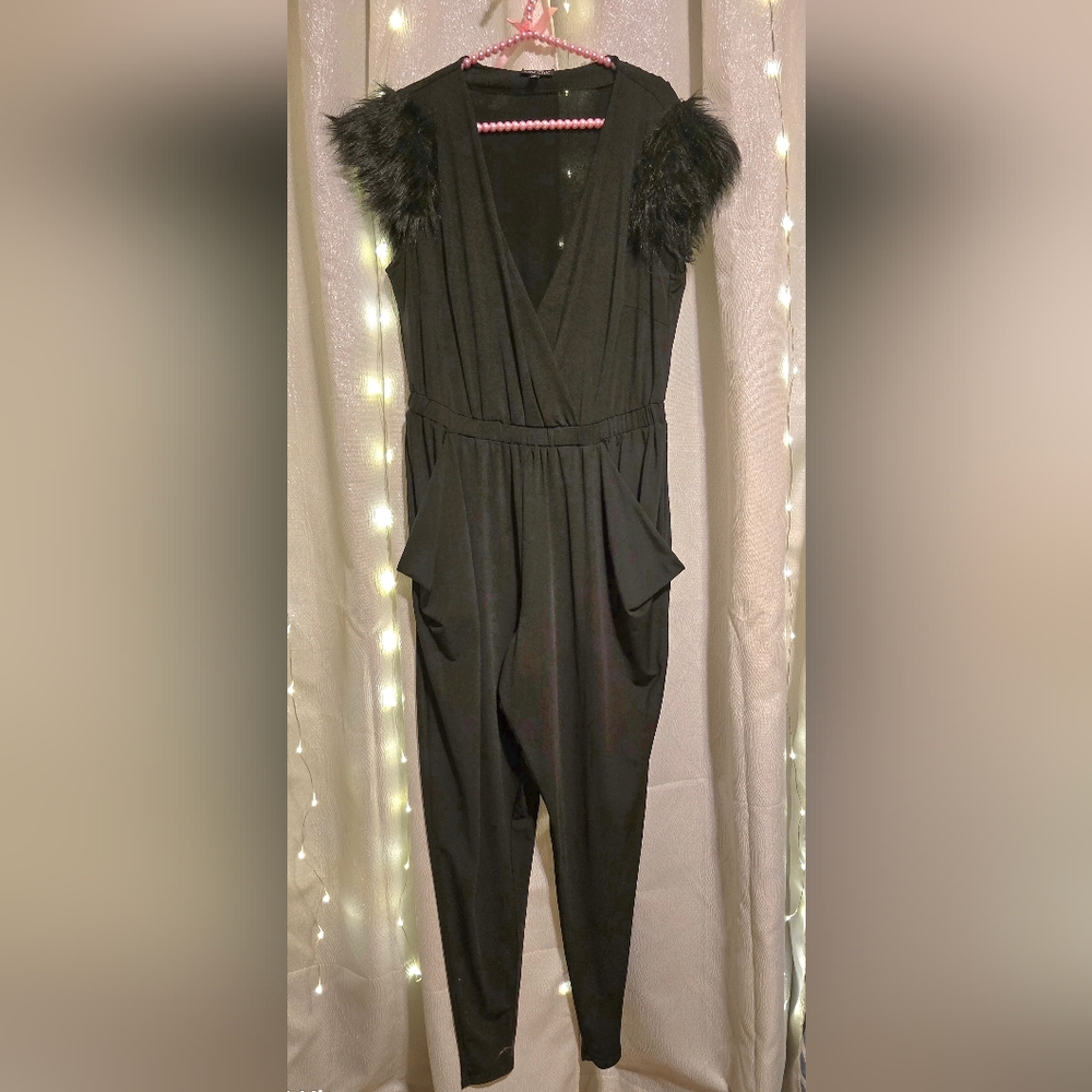 City Chic Black Jumpsuit with Faux Fur Shoulders